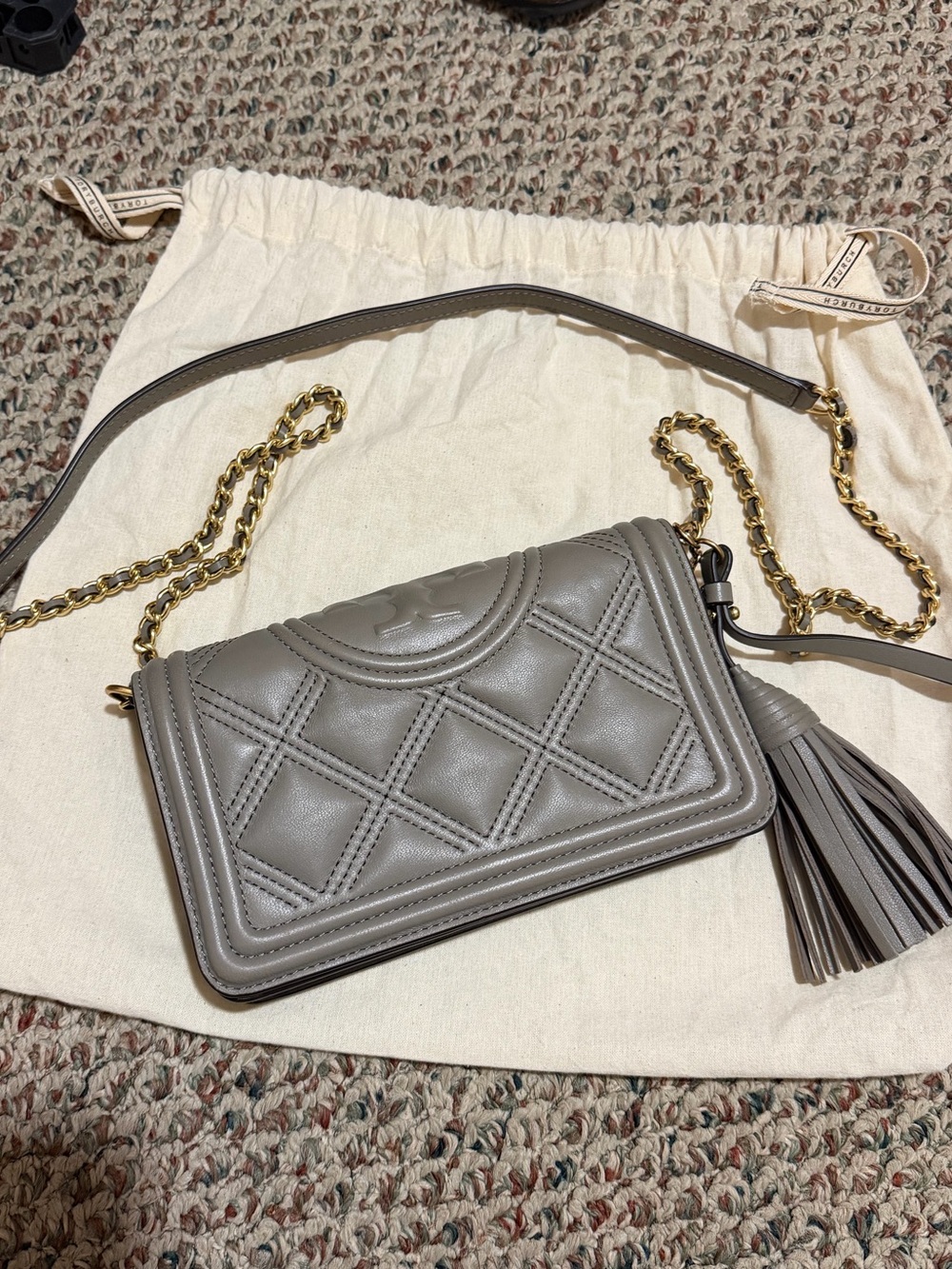 Tory Burch Quilted Gray Leather Crossbody with Tassel